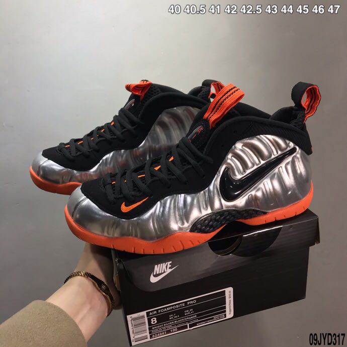 2020 Nike Air Foamposite I Silver Black Orange - Click Image to Close